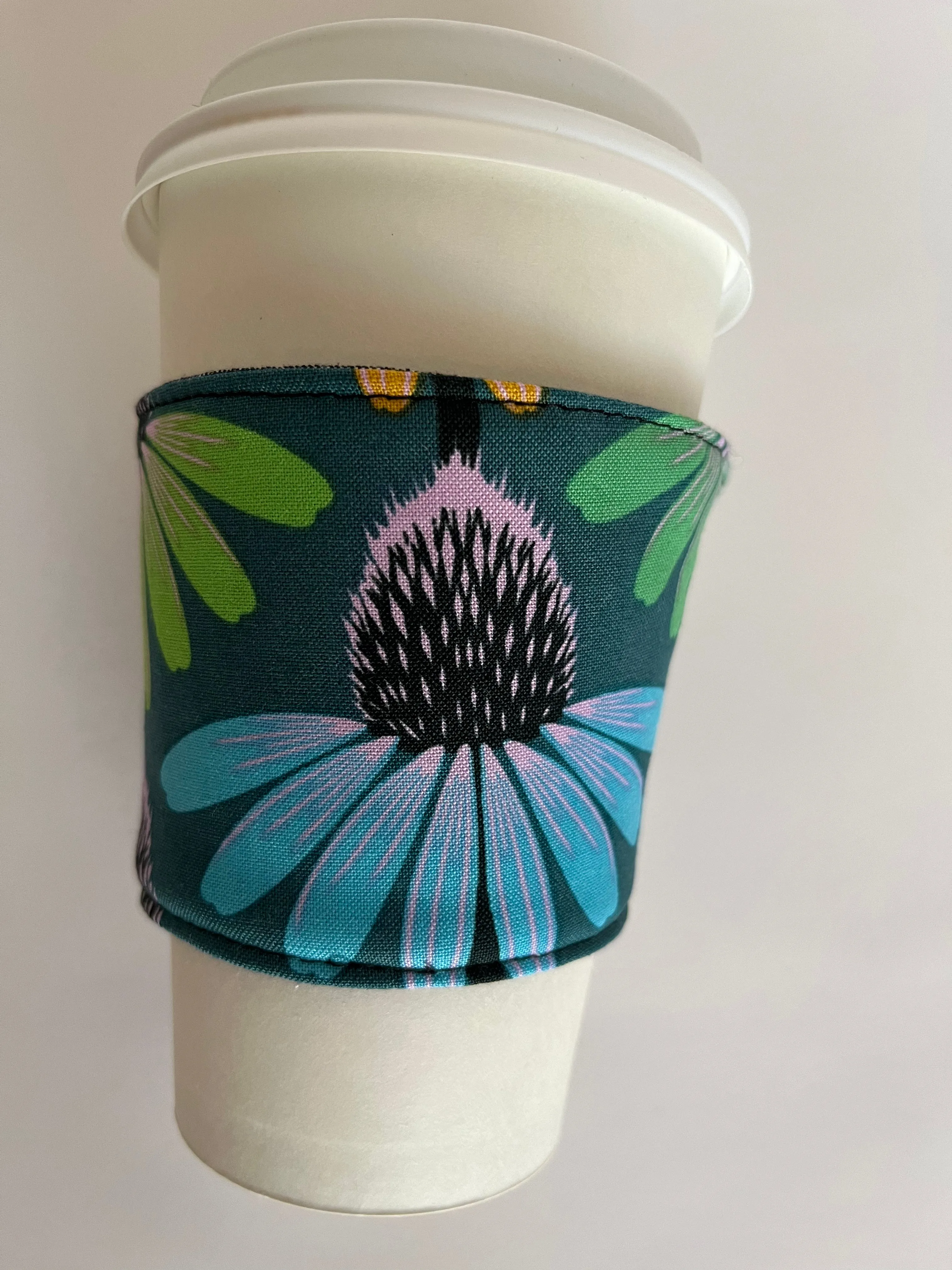 Teal Echinacea Flowers Coffee Cup Cozy, fabric coffee sleeve