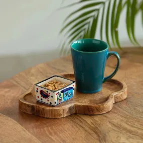 'The Hut-Blues Of Sky' Ceramic Tea & Coffee Mug With Nut Bowl & Wooden Tray (320 ml & 80 ml, Hand Glazed & Hand-Painted)