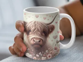 Valentine's Day Pink Hearts Highland Cow Mug, Cute Cow Cup, Scottish Cow Coffee Cup Scotland Gift, Funny Cow Gifts