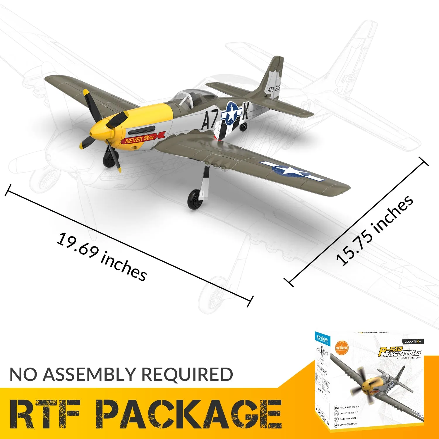 VOLANTEXRC 500MM Brushless Mustang P51 RC Warbird Airplane with Gyro Stabilizer 76802