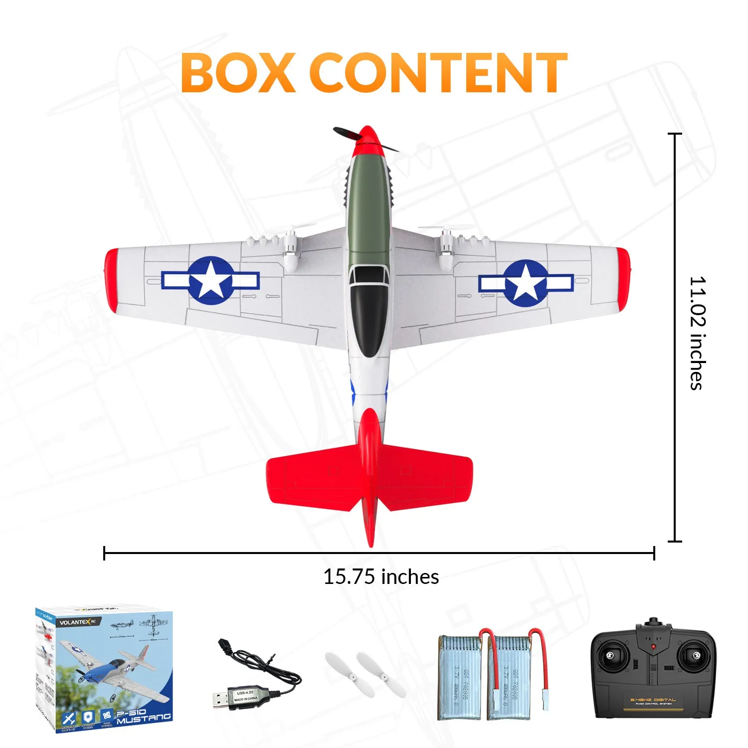 VOLANTEXRC Mustang P51D 2CH 400mm For Kids Beginners (15.7'') 76203