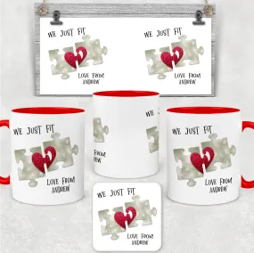 We Just Fit Jigsaw Red Valentine's Day Personalised Mug and Coaster Set