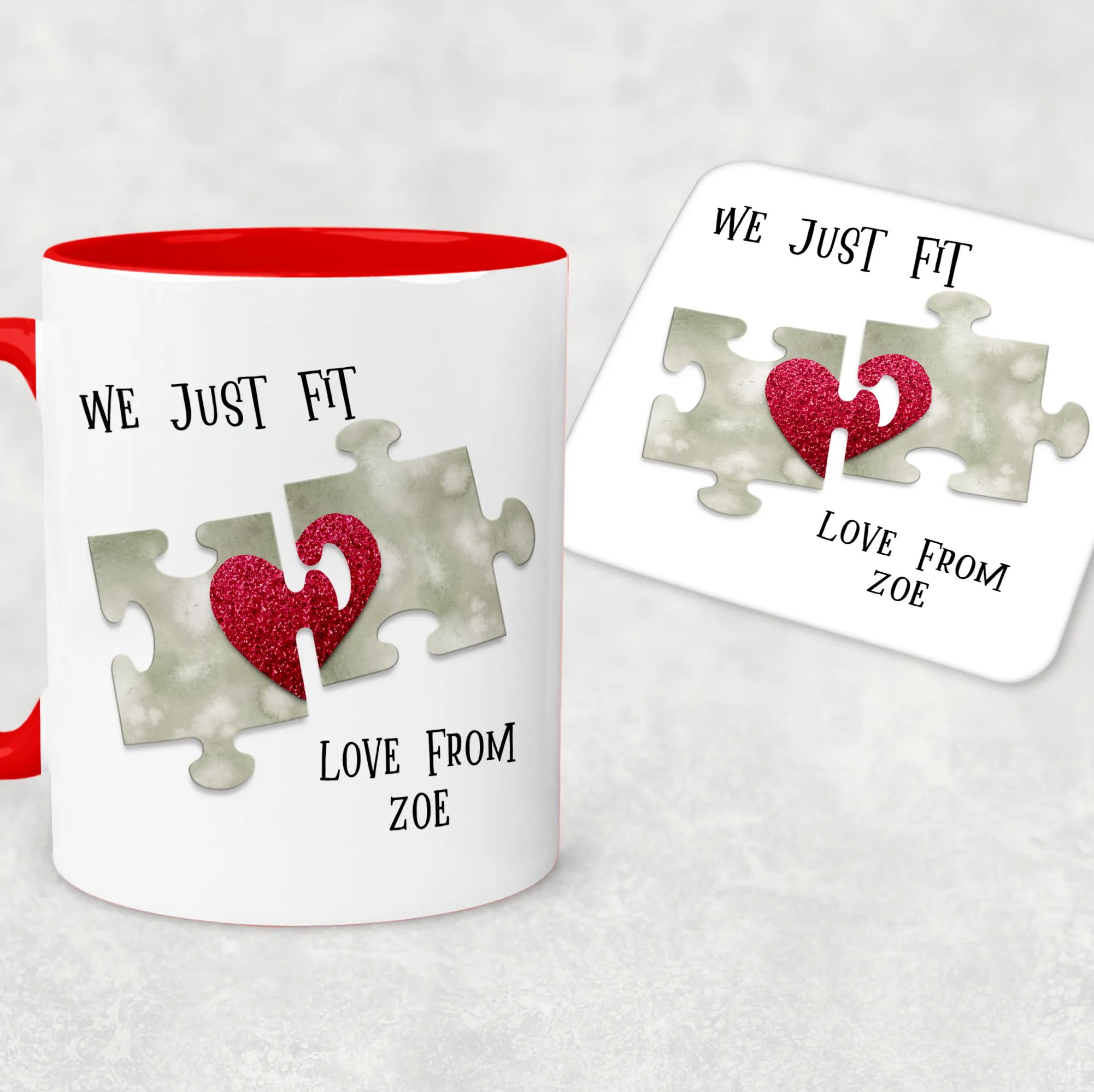 We Just Fit Jigsaw Red Valentine's Day Personalised Mug and Coaster Set