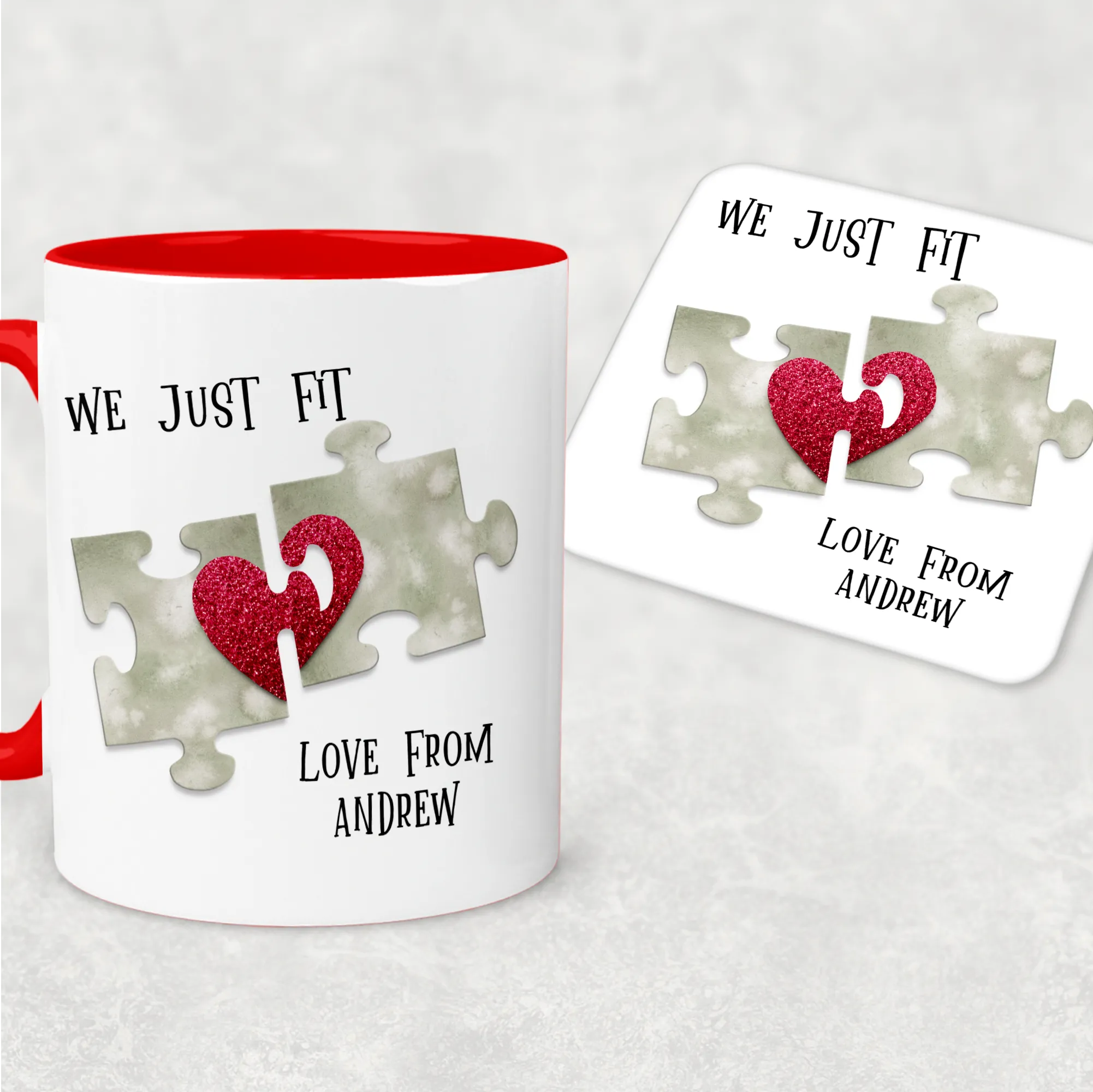 We Just Fit Jigsaw Red Valentine's Day Personalised Mug and Coaster Set