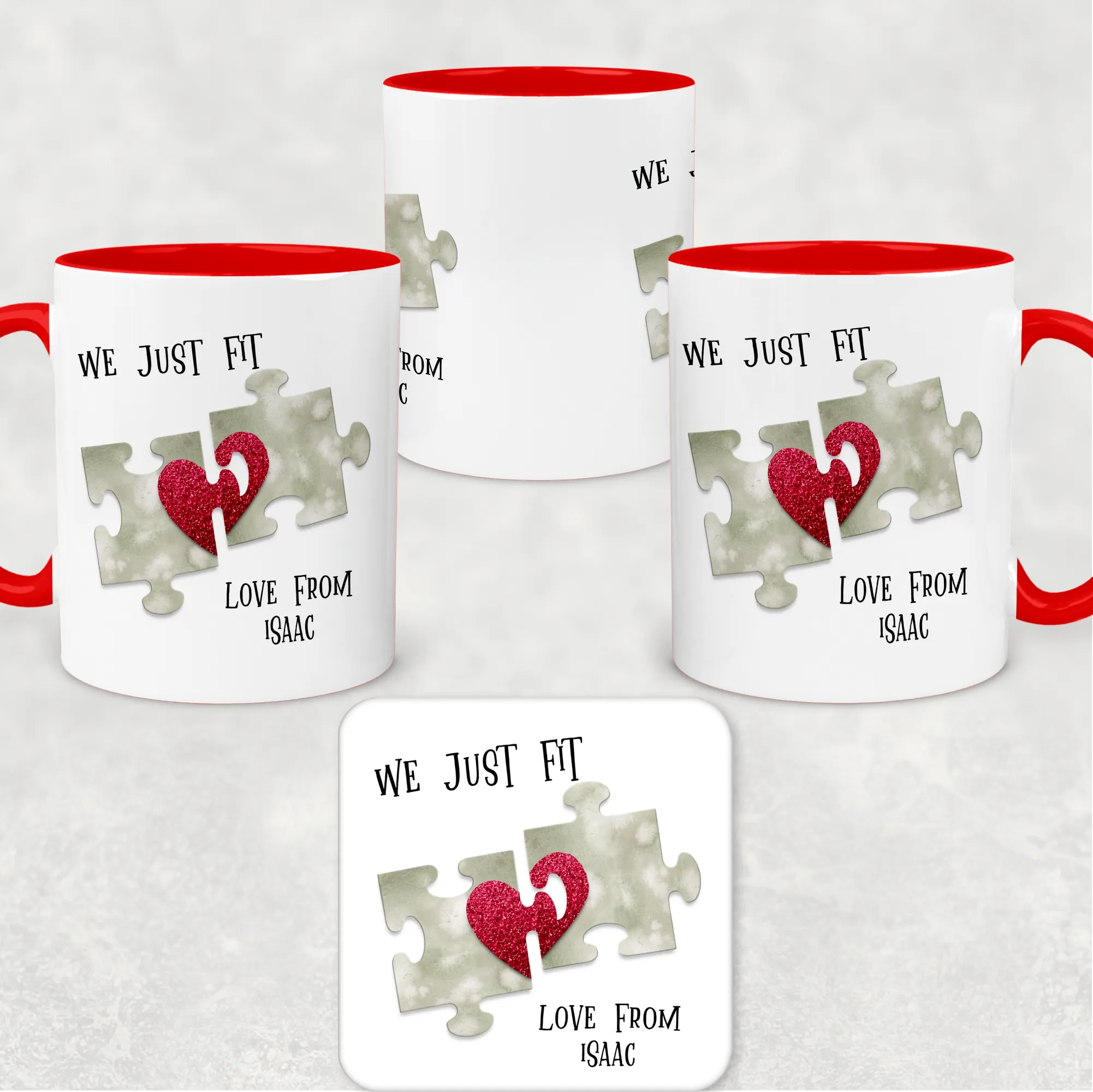 We Just Fit Jigsaw Red Valentine's Day Personalised Mug and Coaster Set