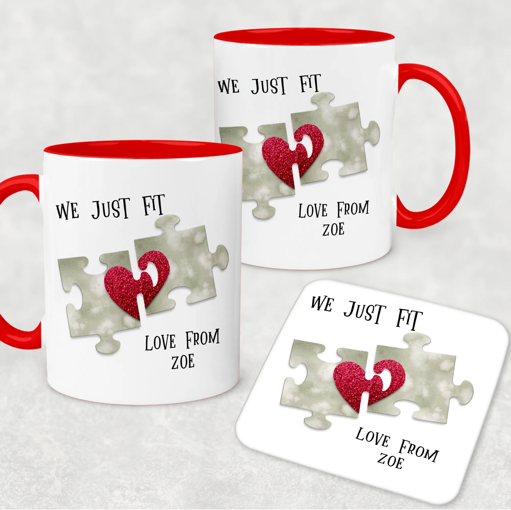 We Just Fit Jigsaw Red Valentine's Day Personalised Mug and Coaster Set