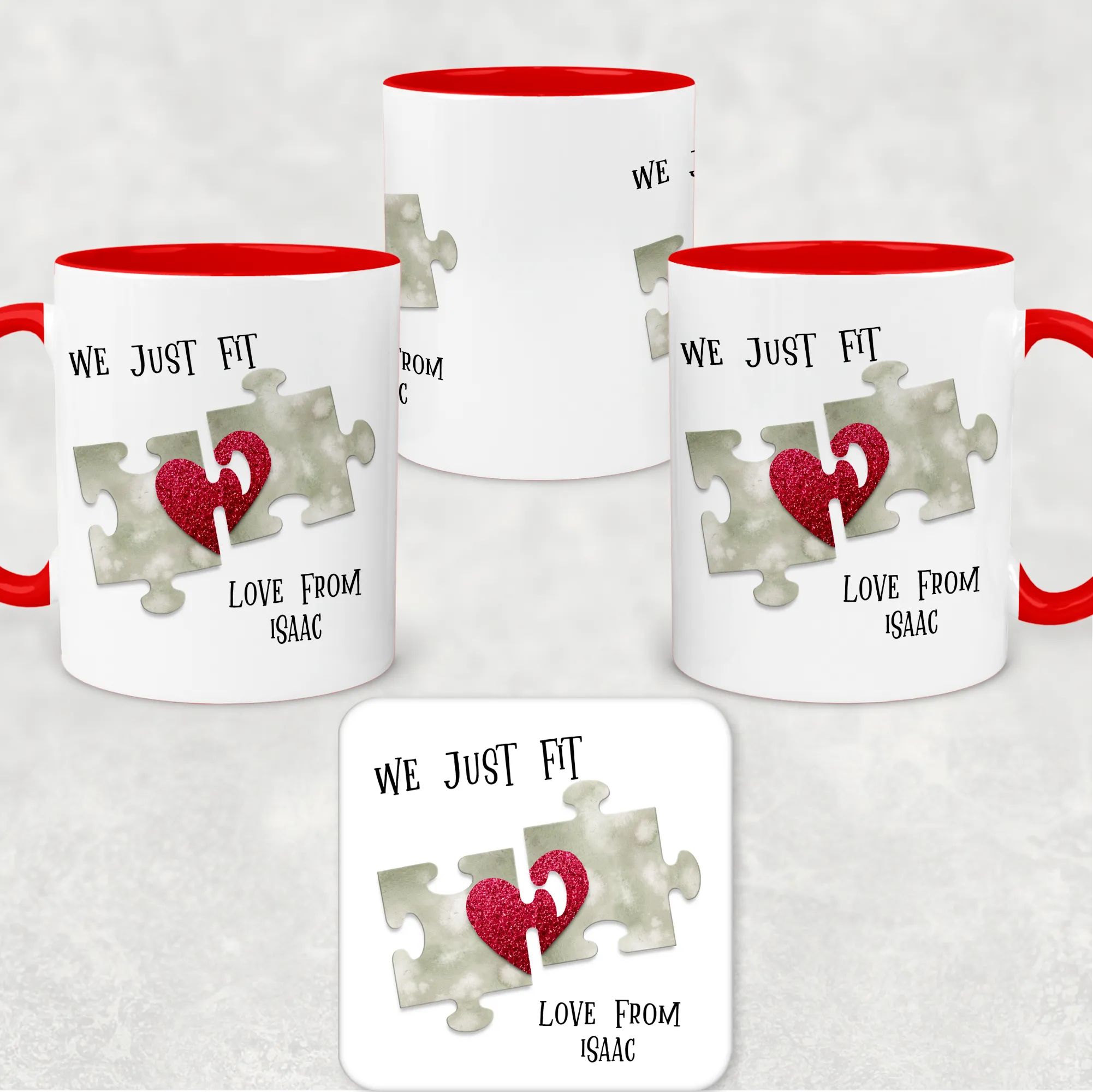 We Just Fit Jigsaw Red Valentine's Day Personalised Mug and Coaster Set