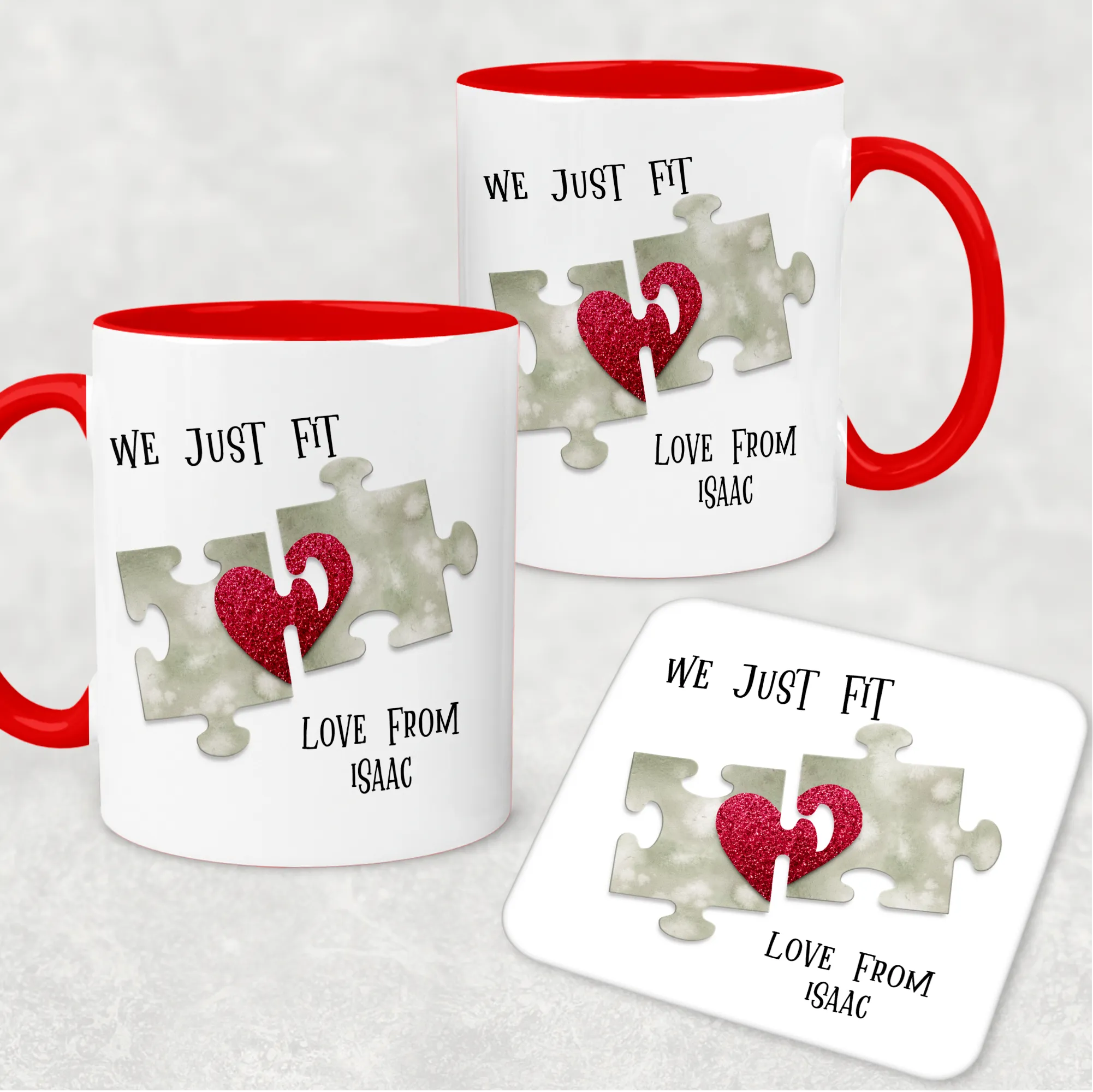 We Just Fit Jigsaw Red Valentine's Day Personalised Mug and Coaster Set