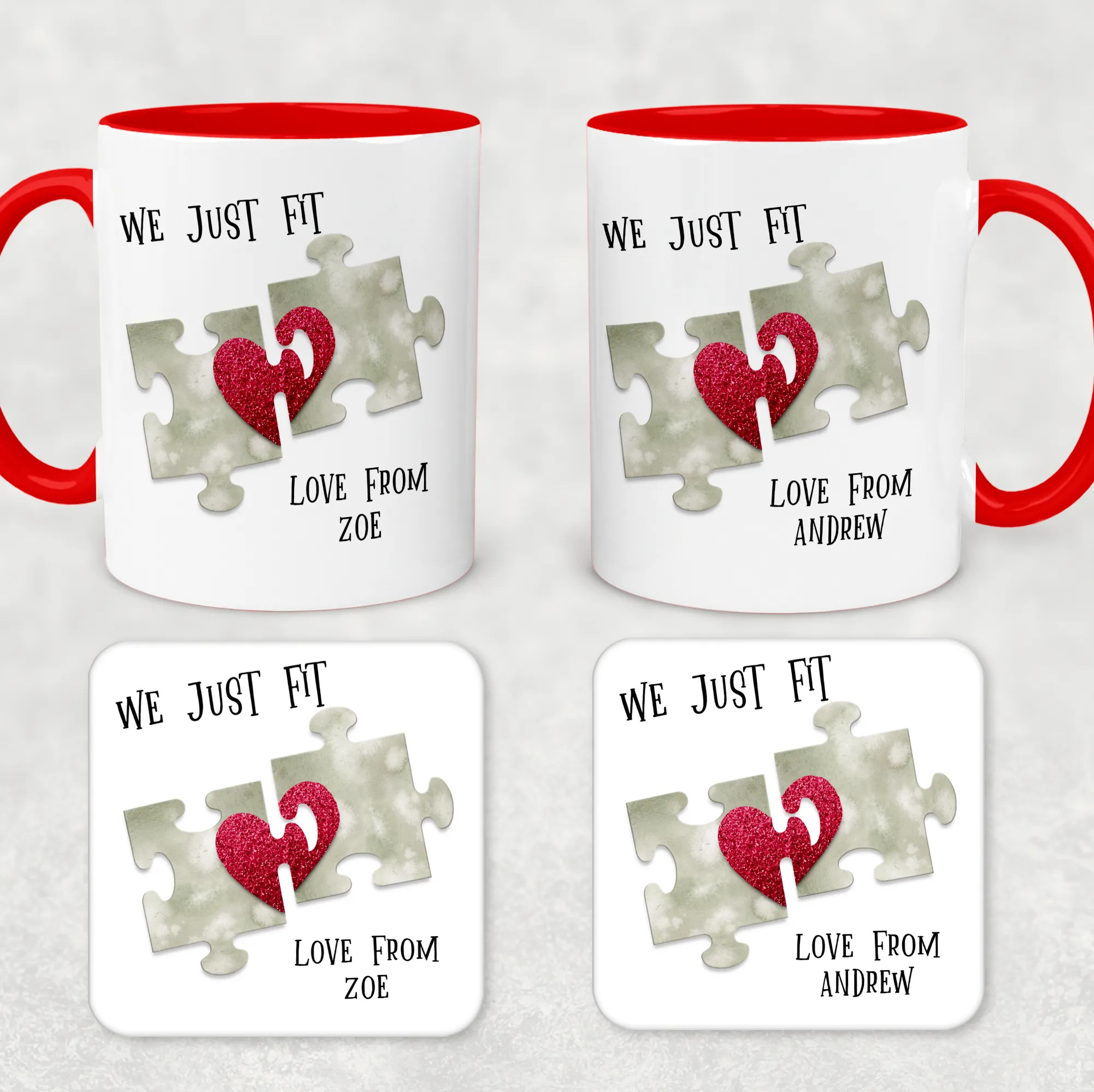 We Just Fit Jigsaw Red Valentine's Day Personalised Mug and Coaster Set