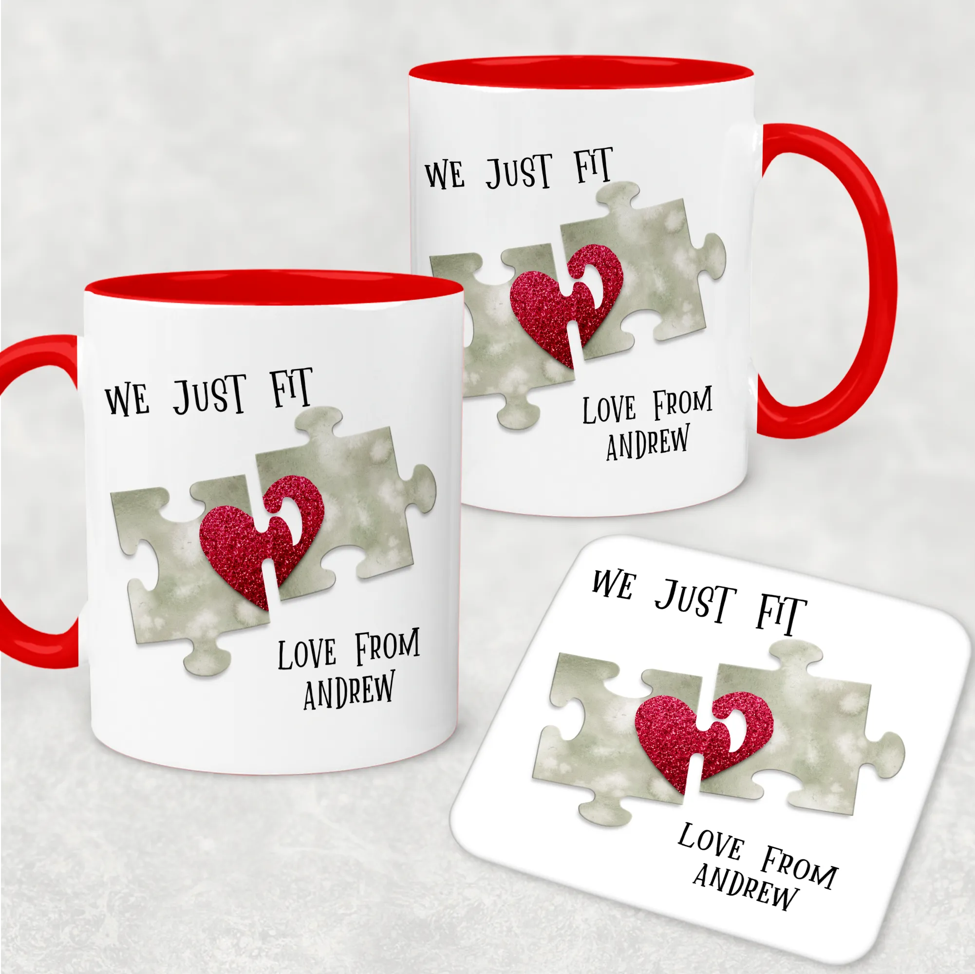 We Just Fit Jigsaw Red Valentine's Day Personalised Mug and Coaster Set