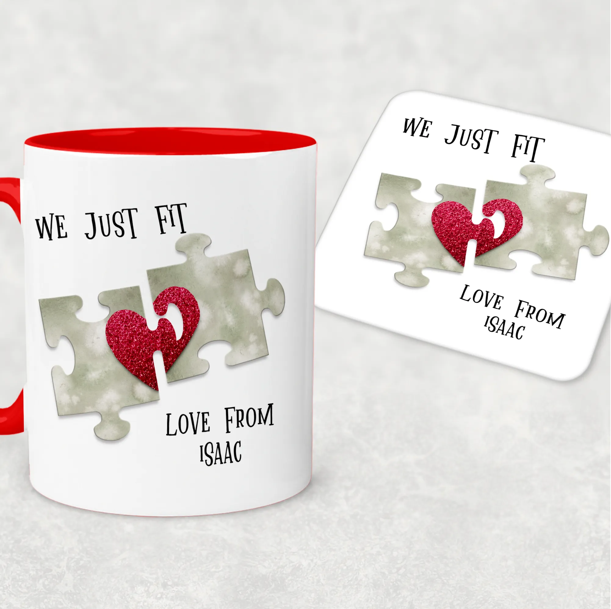 We Just Fit Jigsaw Red Valentine's Day Personalised Mug and Coaster Set