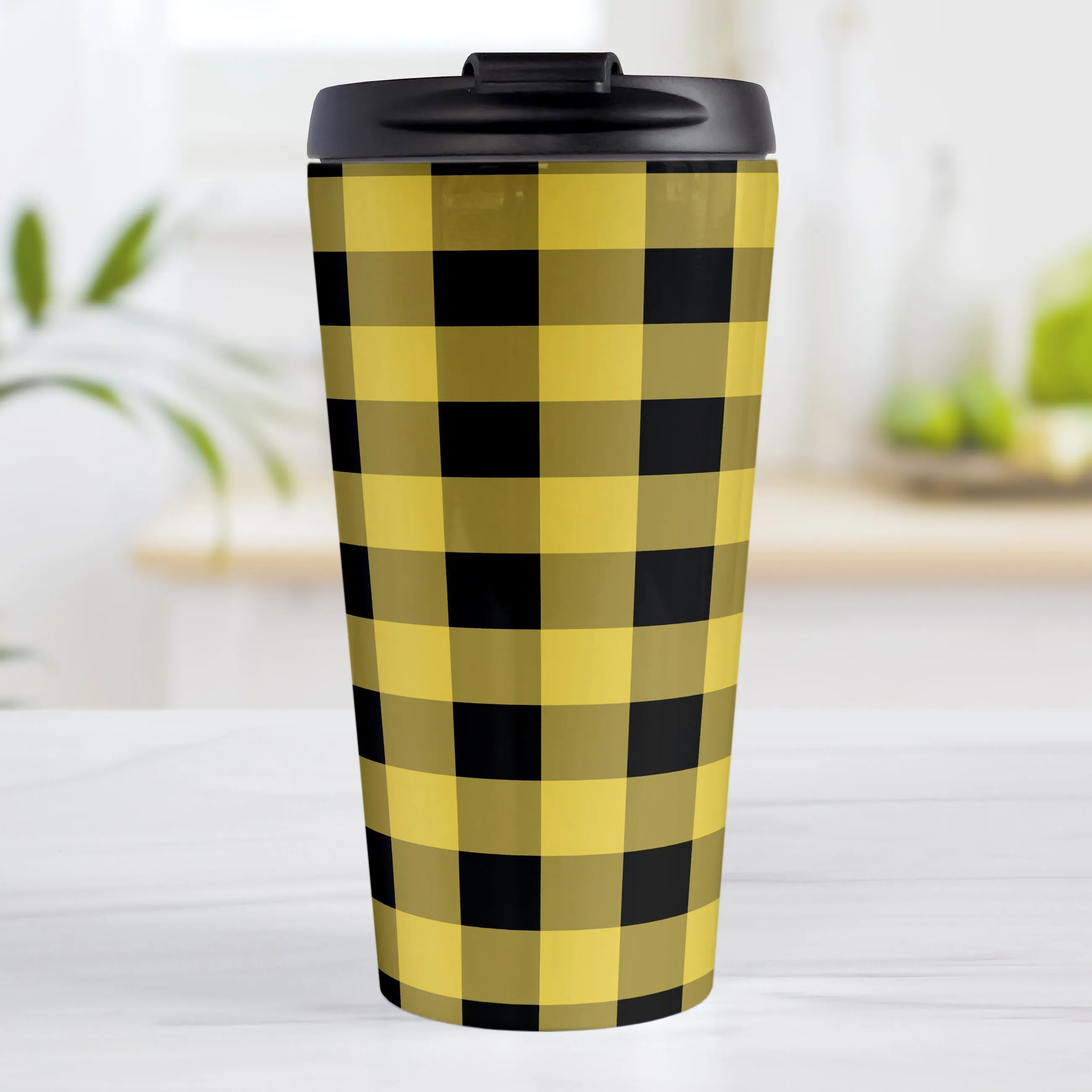 Yellow and Black Buffalo Plaid Travel Mug