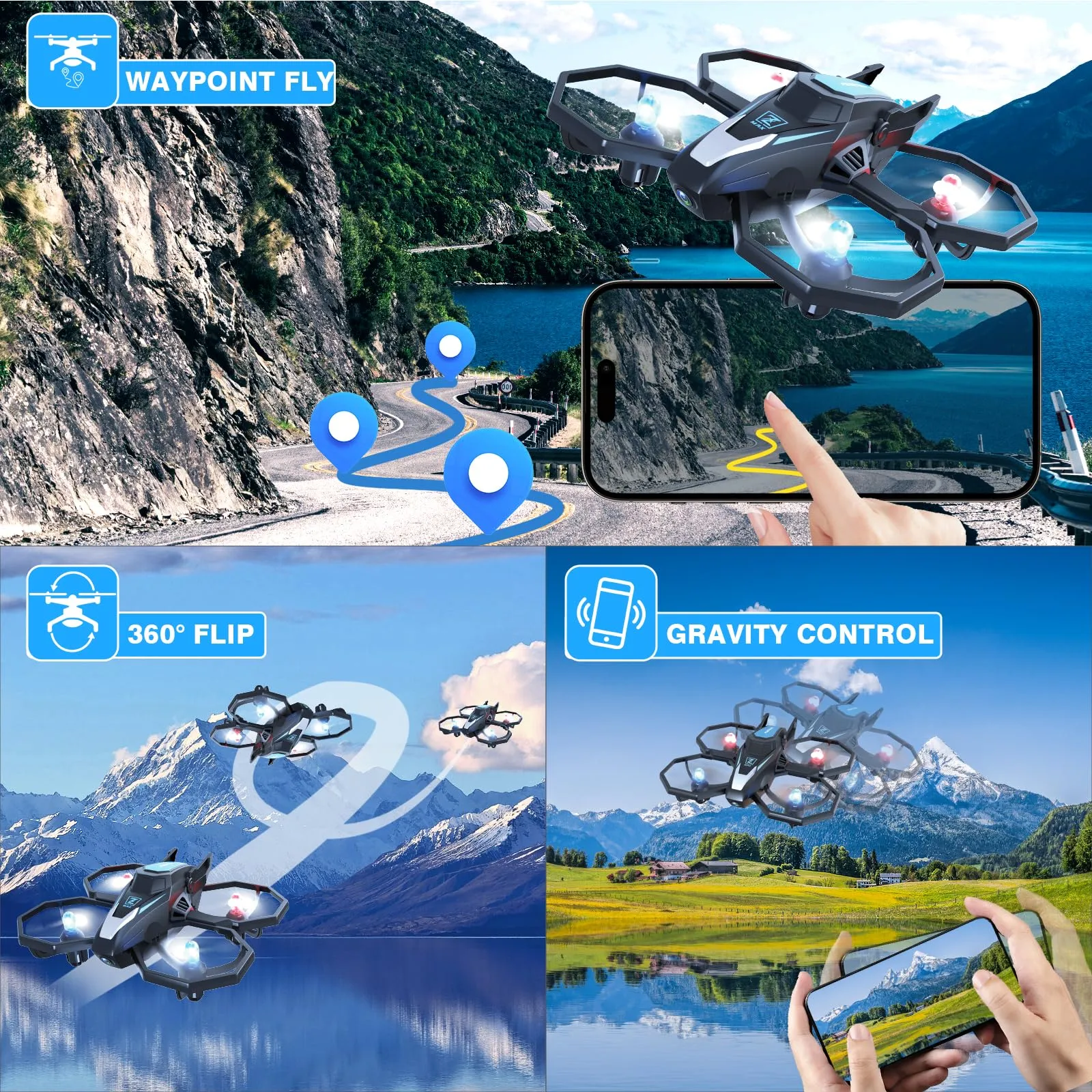 YLFU Drone with Camera, 1080P FPV Drone Camera with Remote Control Quadcopter, Gestures Selfie, One-Key Take Off/Landing, Speed Adjustment, 3D Flips, 2 Batteries Mini Drone for Adults Kids